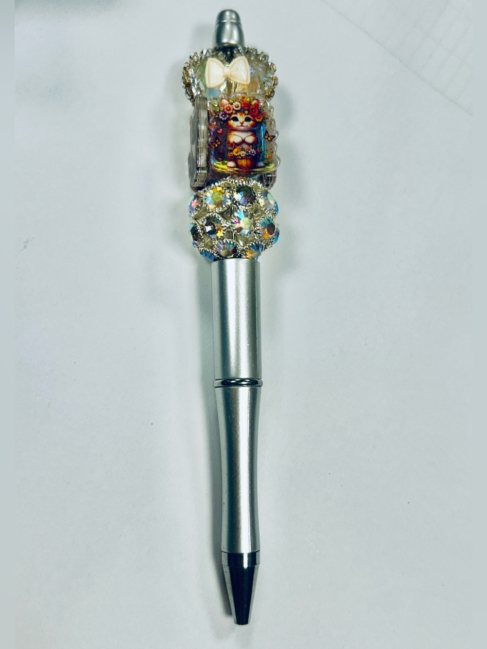 HAND BEADED silver bling cat Pen with Glass Beads NEW